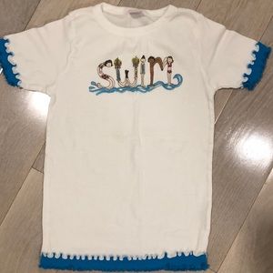 Girls “swim” tshirt.  White with blue trim. Sz M.